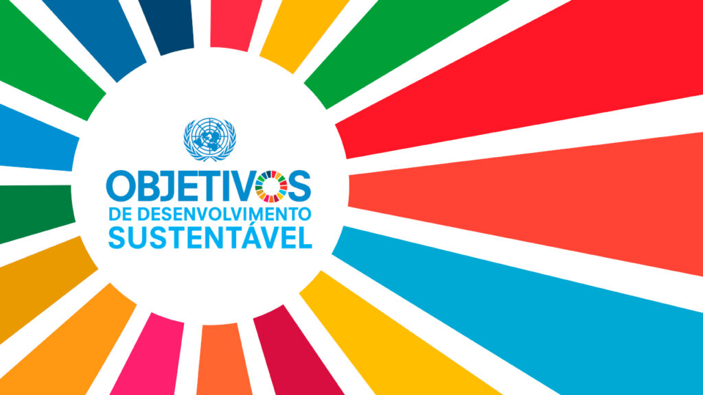 Círculo colorido com a logo dos Objetivos de Desenvolvimento Sustentável (ODS) centralizada no canto esquerdo